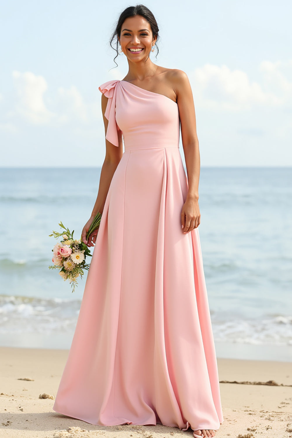 Blush One Shoulder Boho Maxi Bridesmaid Dress with Ruffles