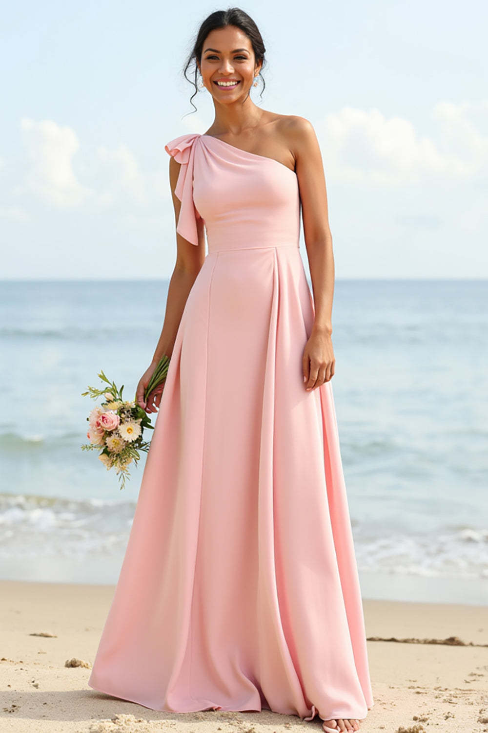 Blush One Shoulder Boho Maxi Bridesmaid Dress with Ruffles