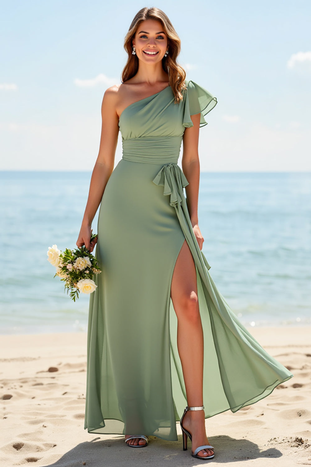 Dusty Sage Sheath Chiffon Maxi Boho Bridesmaid Dress with Slit