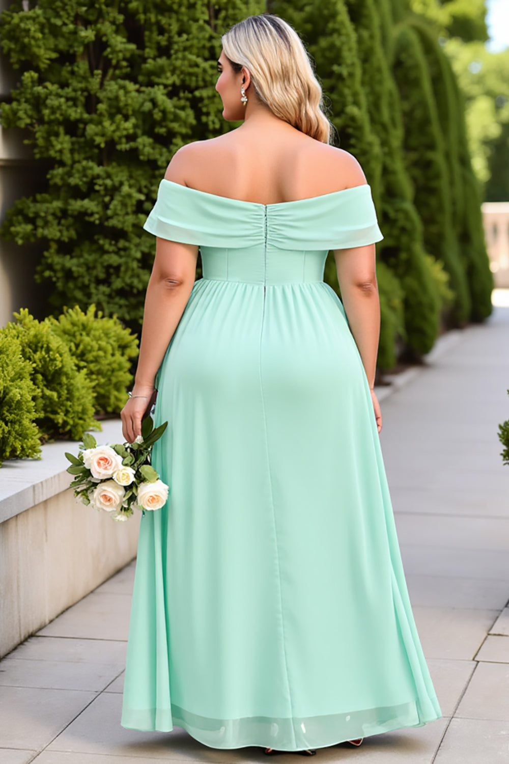 Mint Green A-Line Chiffon Plus Size Maxi Bridesmaid Dress with Slit