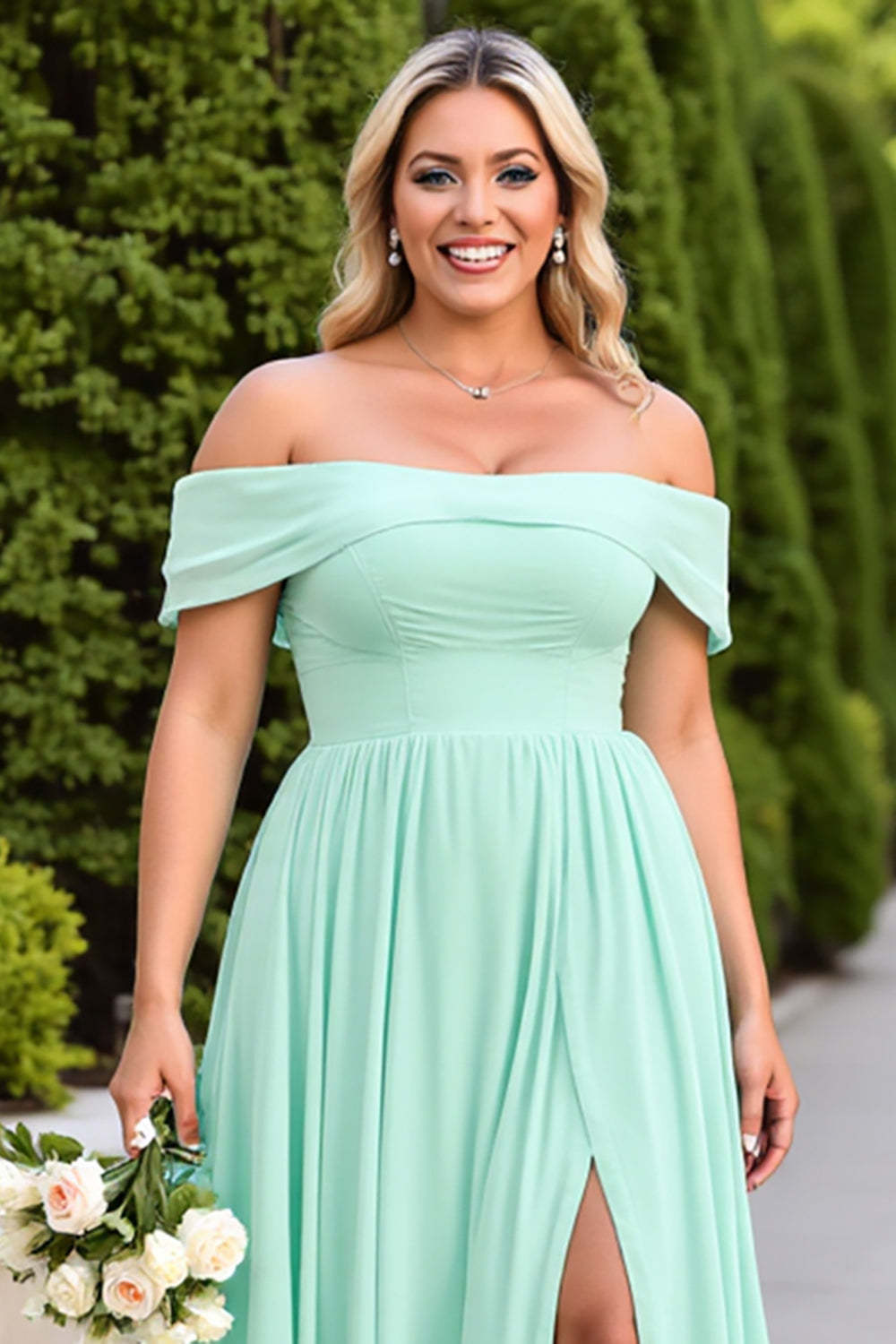 Mint Green A-Line Chiffon Plus Size Maxi Bridesmaid Dress with Slit