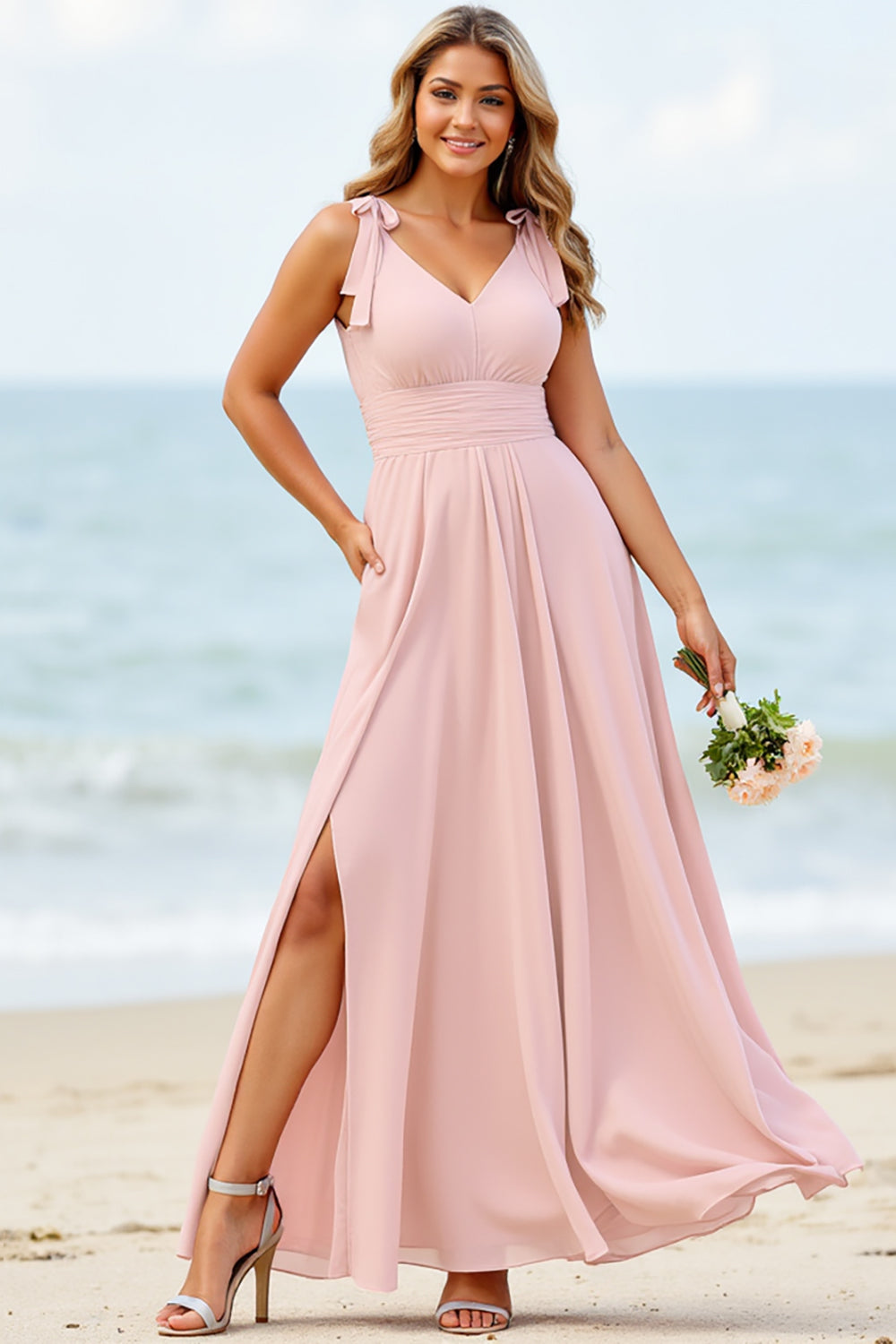 Leely Women Candy Pink Chiffon Boho Maxi Bridesmaid Dress with Slit A Line V-Neck Wedding Guest Dress with Bows