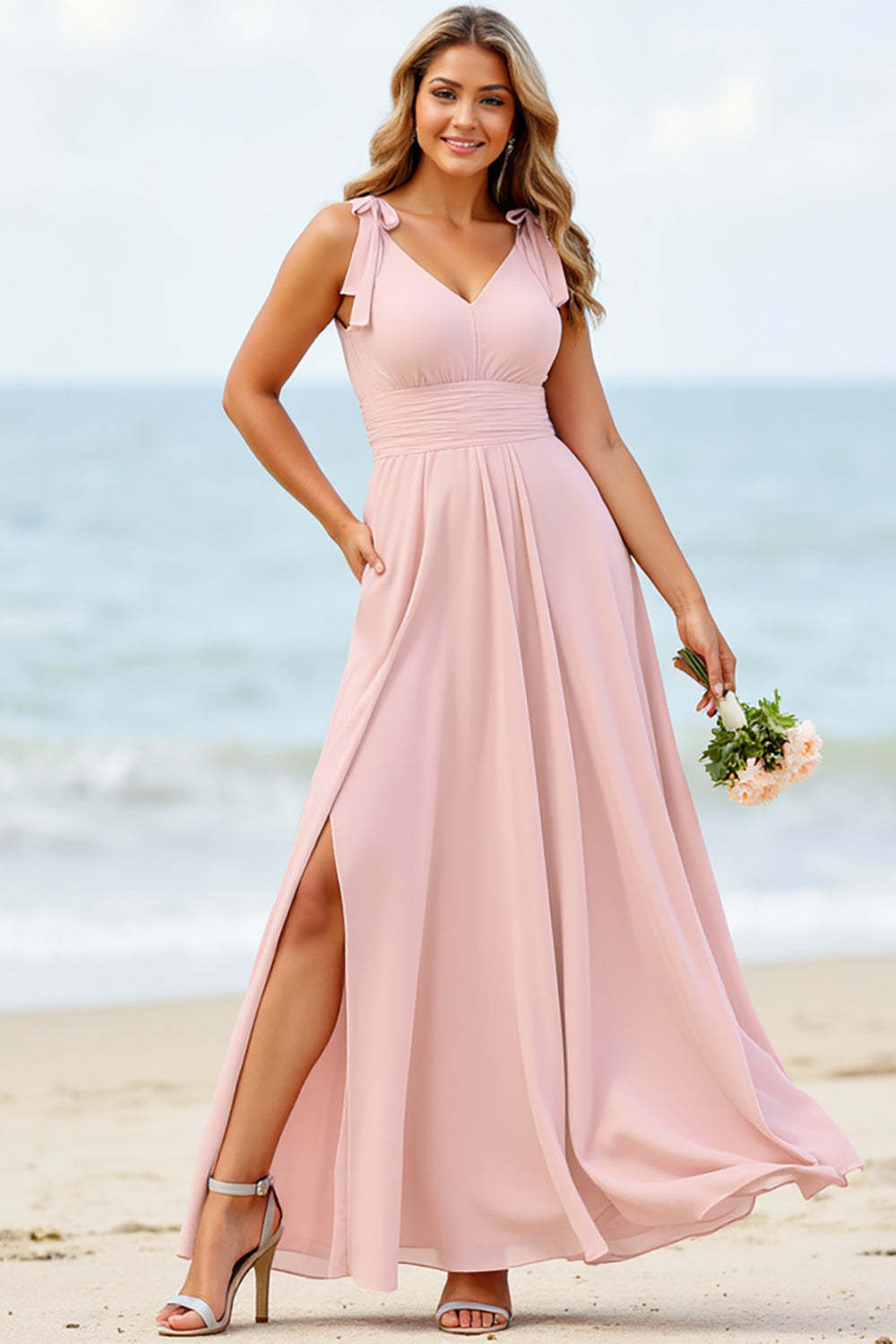 Leely Women Candy Pink Chiffon Boho Maxi Bridesmaid Dress with Slit A Line V-Neck Wedding Guest Dress with Bows