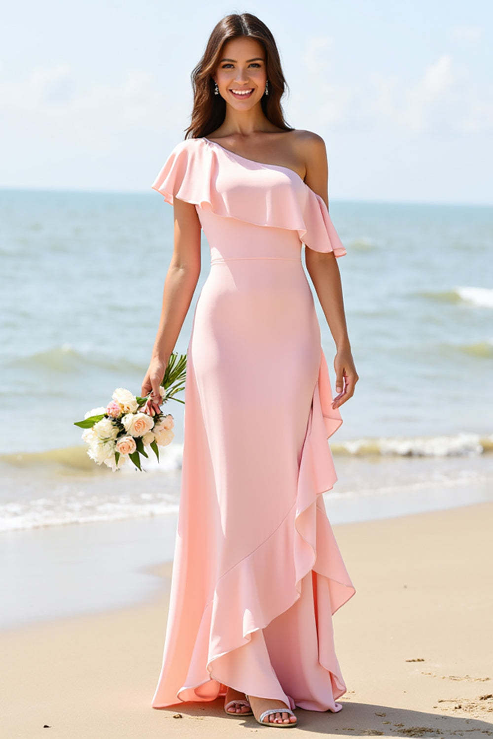 Leely Women Candy Pink Sheath Boho Maxi Bridesmaid Dress with Ruffles One Shoulder Wedding Guest Dress with Slit
