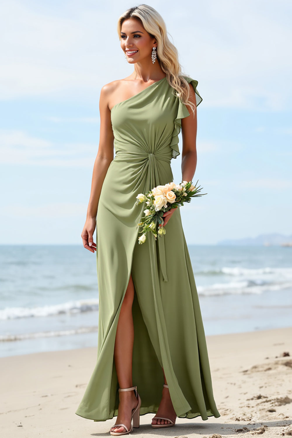 Leely Women Dusty Sage Chiffon Front Twist Boho Maxi Bridesmaid Dress with Slit Sheath One Shoulder Wedding Guest Dress with Ruffles