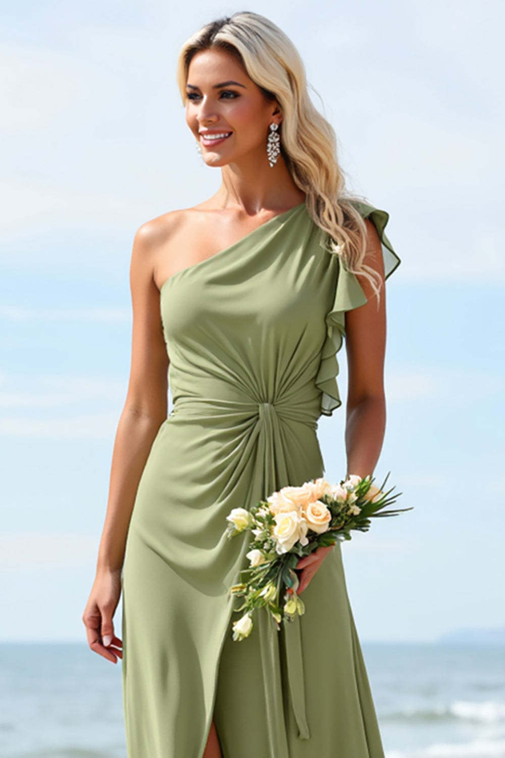 Sheath Chiffon Dusty Sage Boho Maxi Ruffled Bridesmaid Dress with Slit