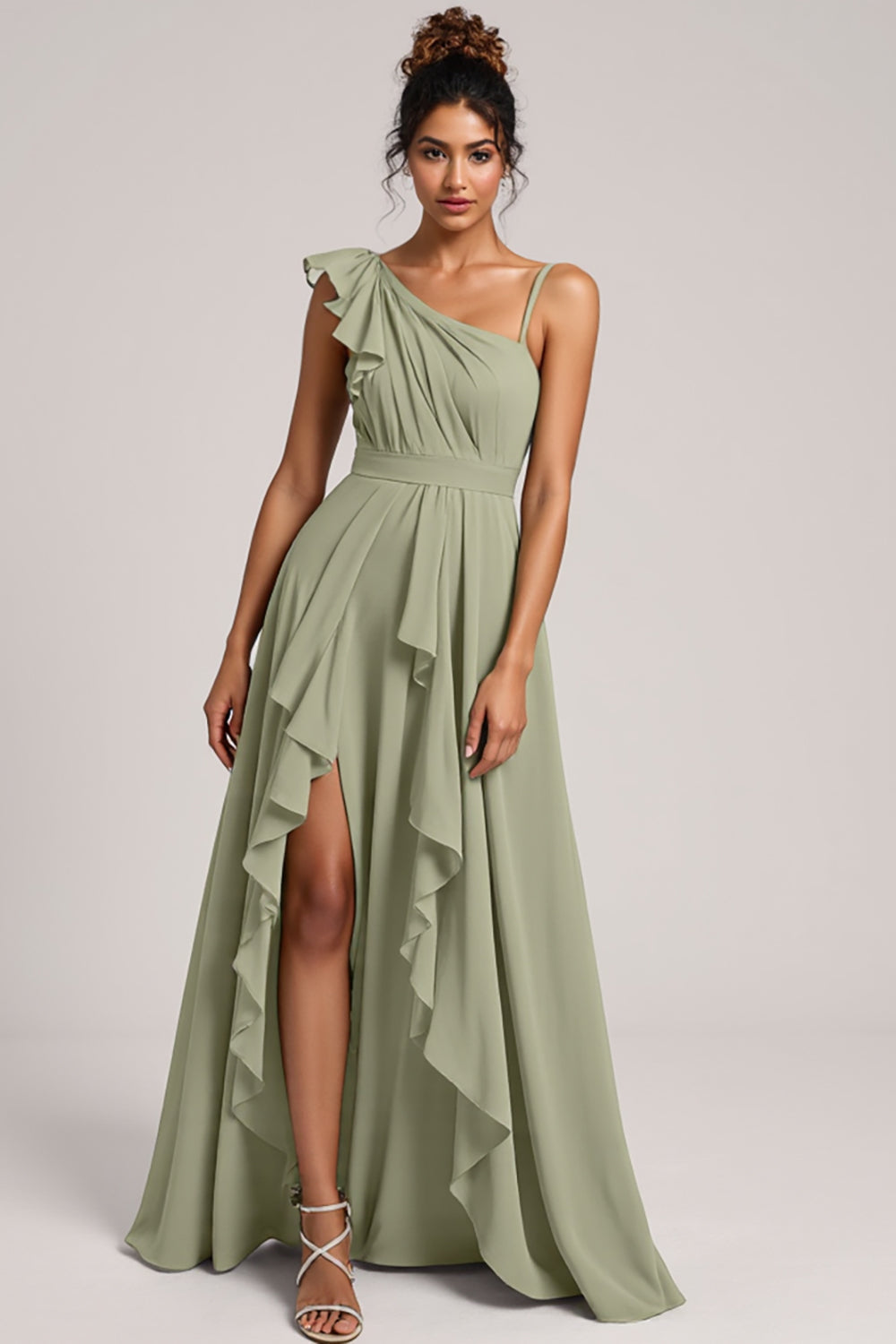 Leely Women Dusty Sage A Line Ruffled Maxi Bridesmaid Dress with Slit Chiffon Ruched Wedding Guest Dress