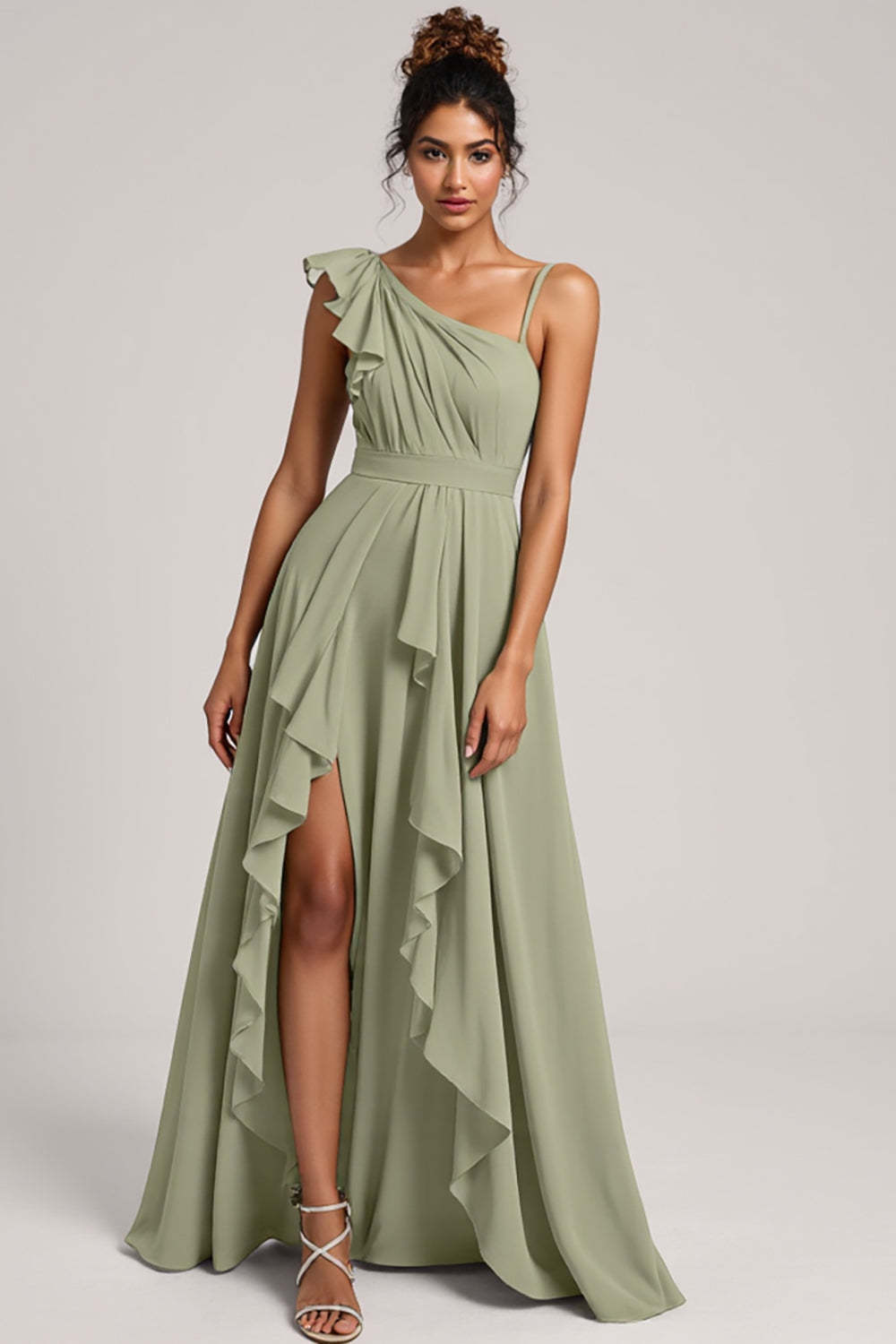 Leely Women Dusty Sage A Line Ruffled Maxi Bridesmaid Dress with Slit Chiffon Ruched Wedding Guest Dress