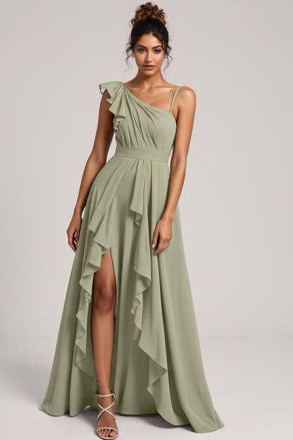 Leely Women Dusty Sage A Line Ruffled Maxi Bridesmaid Dress with Slit Chiffon Ruched Wedding Guest Dress
