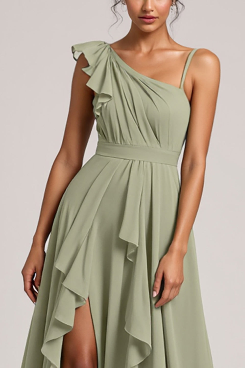 A Line Chiffon Dusty Sage Ruffled Maxi Bridesmaid Dress with Slit