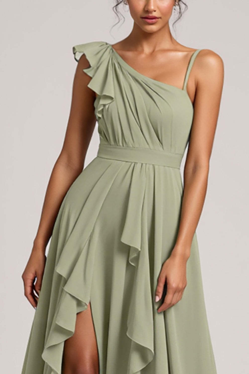 A Line Chiffon Dusty Sage Ruffled Maxi Bridesmaid Dress with Slit