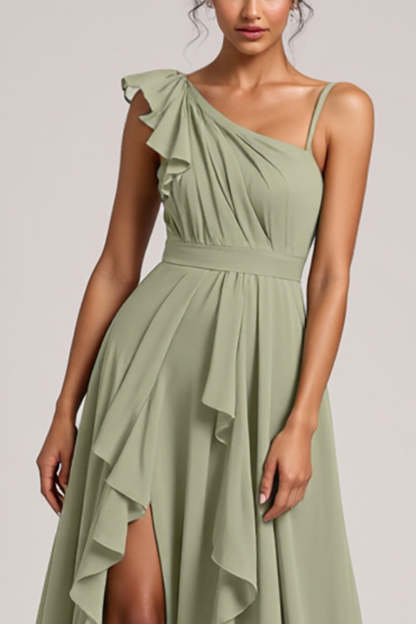 A Line Chiffon Dusty Sage Ruffled Maxi Bridesmaid Dress with Slit