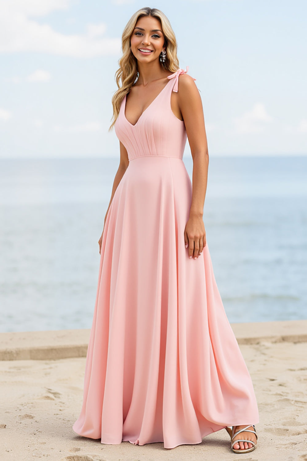 Candy Pink V Neck Boho Maxi Bridesmaid Dress with Bows