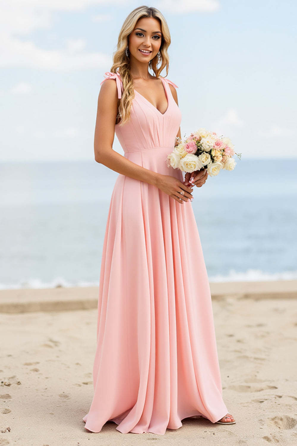 Candy Pink V Neck Boho Maxi Bridesmaid Dress with Bows