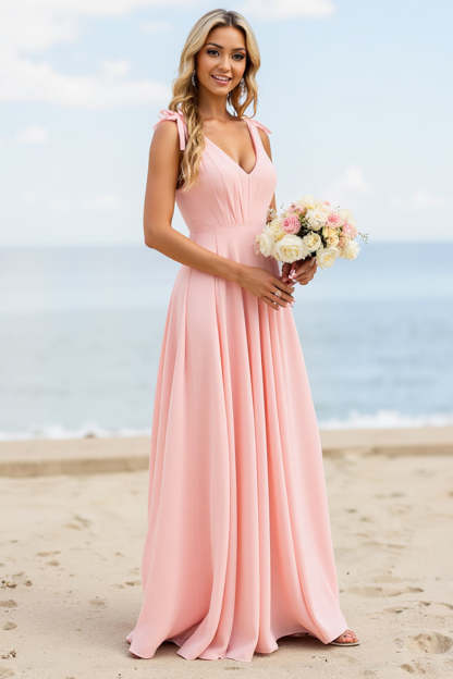 Candy Pink V Neck Boho Maxi Bridesmaid Dress with Bows