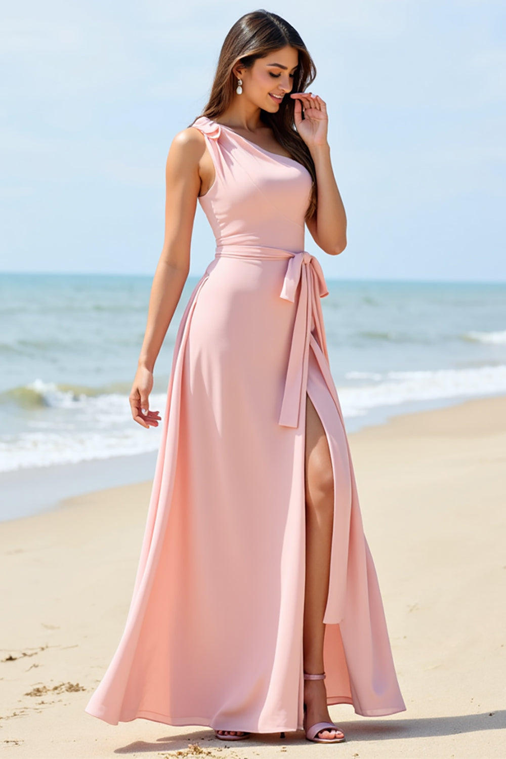 Maxi One Shoulder Candy Pink Chiffon Boho Bridesmaid Dress with Slit