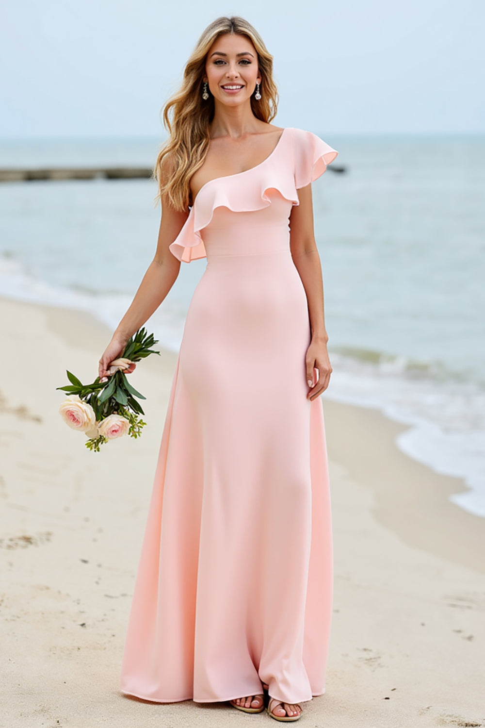 Candy Pink Boho Maxi One Shoulder Bridesmaid Dress with Ruffles