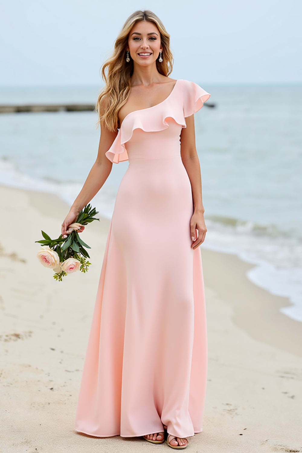 Leely Women Candy Pink One Shoulder Boho Maxi Bridesmaid Dress with Ruffles Sheath Satin Wedding Guest Dress