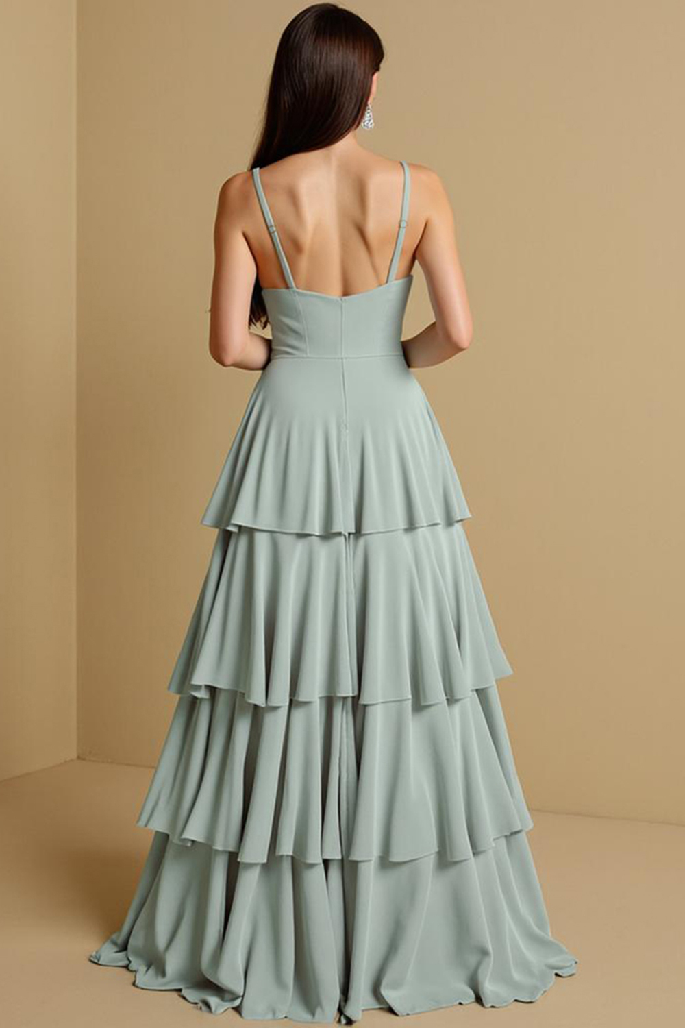 Maxi One Shoulder Tiered Sage Green Bridesmaid Dress with Ruffles