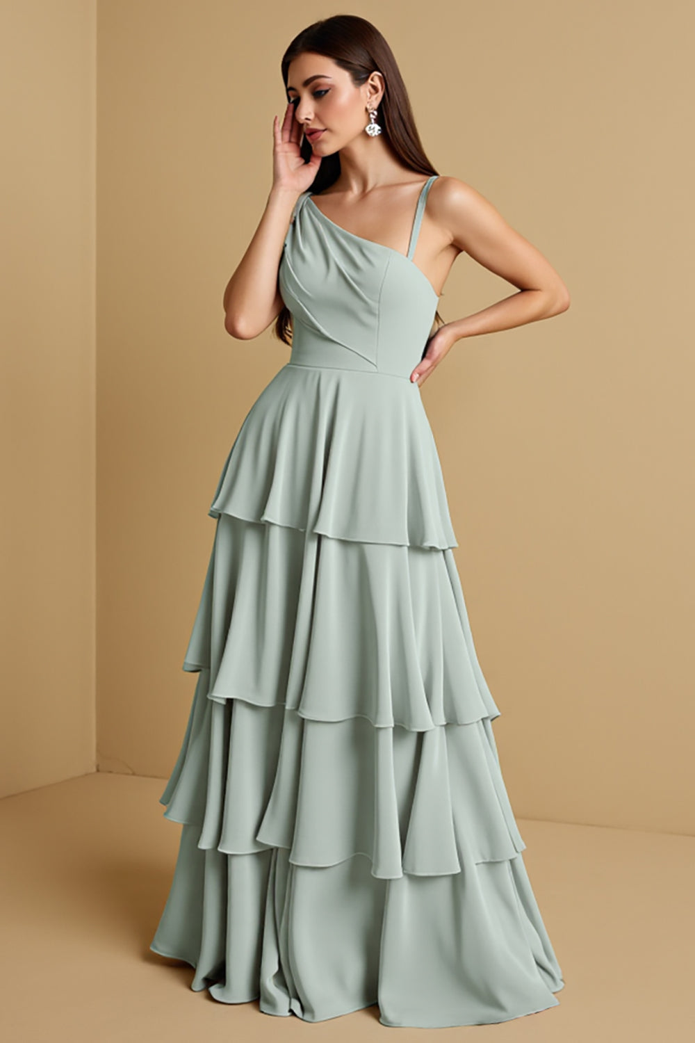 Leely Women Sage Green Chiffon One Shoulder Maxi Bridesmaid Dress with Ruffles Tiered Boho Wedding Guest Dress
