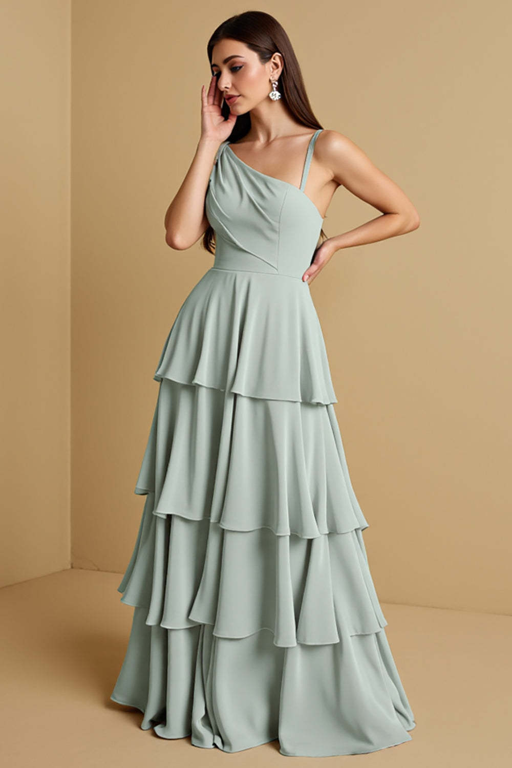 Leely Women Sage Green Chiffon One Shoulder Maxi Bridesmaid Dress with Ruffles Tiered Boho Wedding Guest Dress