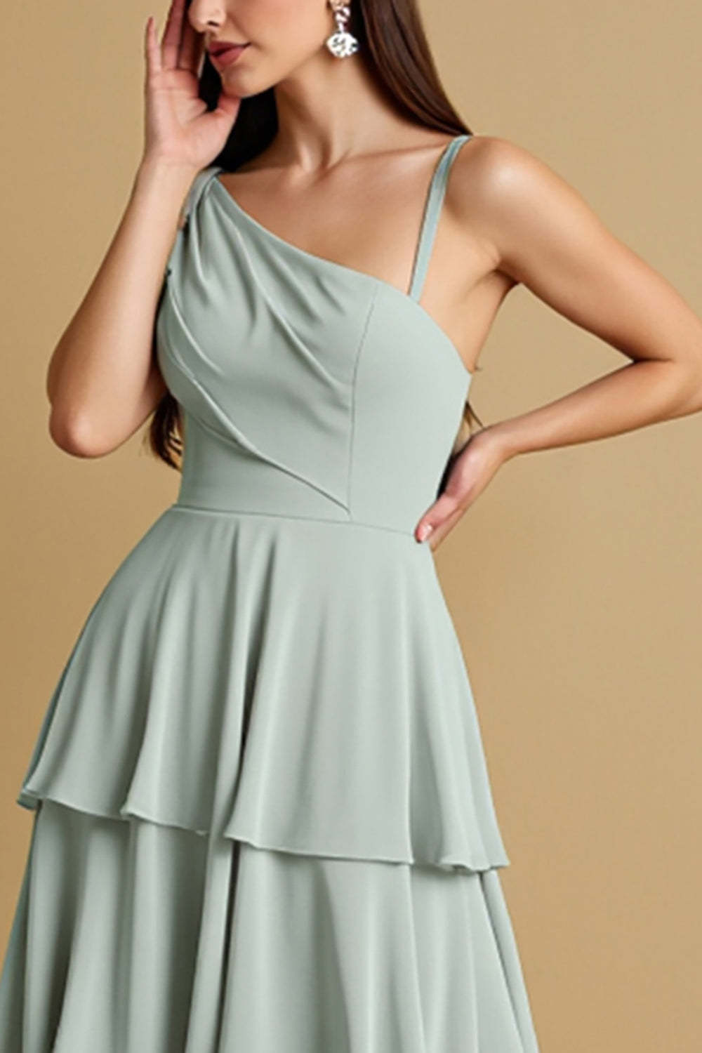 Maxi One Shoulder Tiered Sage Green Bridesmaid Dress with Ruffles