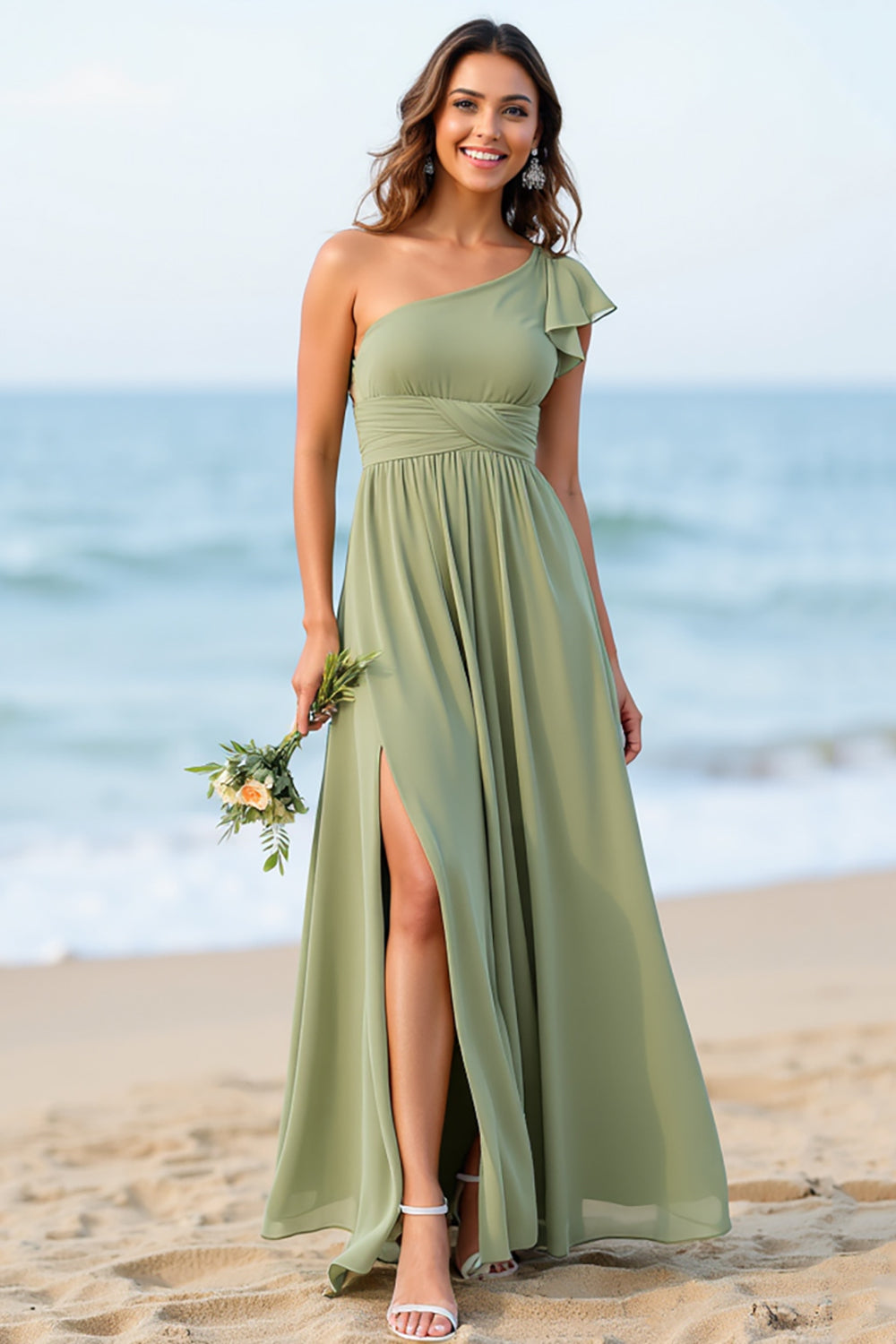 One Shoulder Chiffon Dusty Sage A Line Boho Bridesmaid Dress with Slit