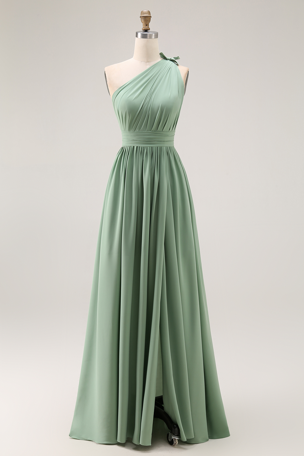 Maxi Green One Shoulder Ruched Boho Bridesmaid Dress with Slit