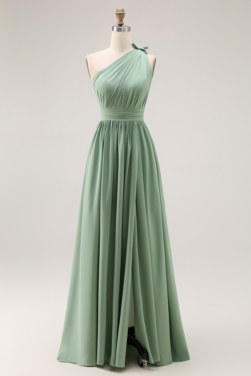 Maxi Green One Shoulder Ruched Boho Bridesmaid Dress with Slit