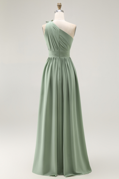 Maxi Green One Shoulder Ruched Boho Bridesmaid Dress with Slit
