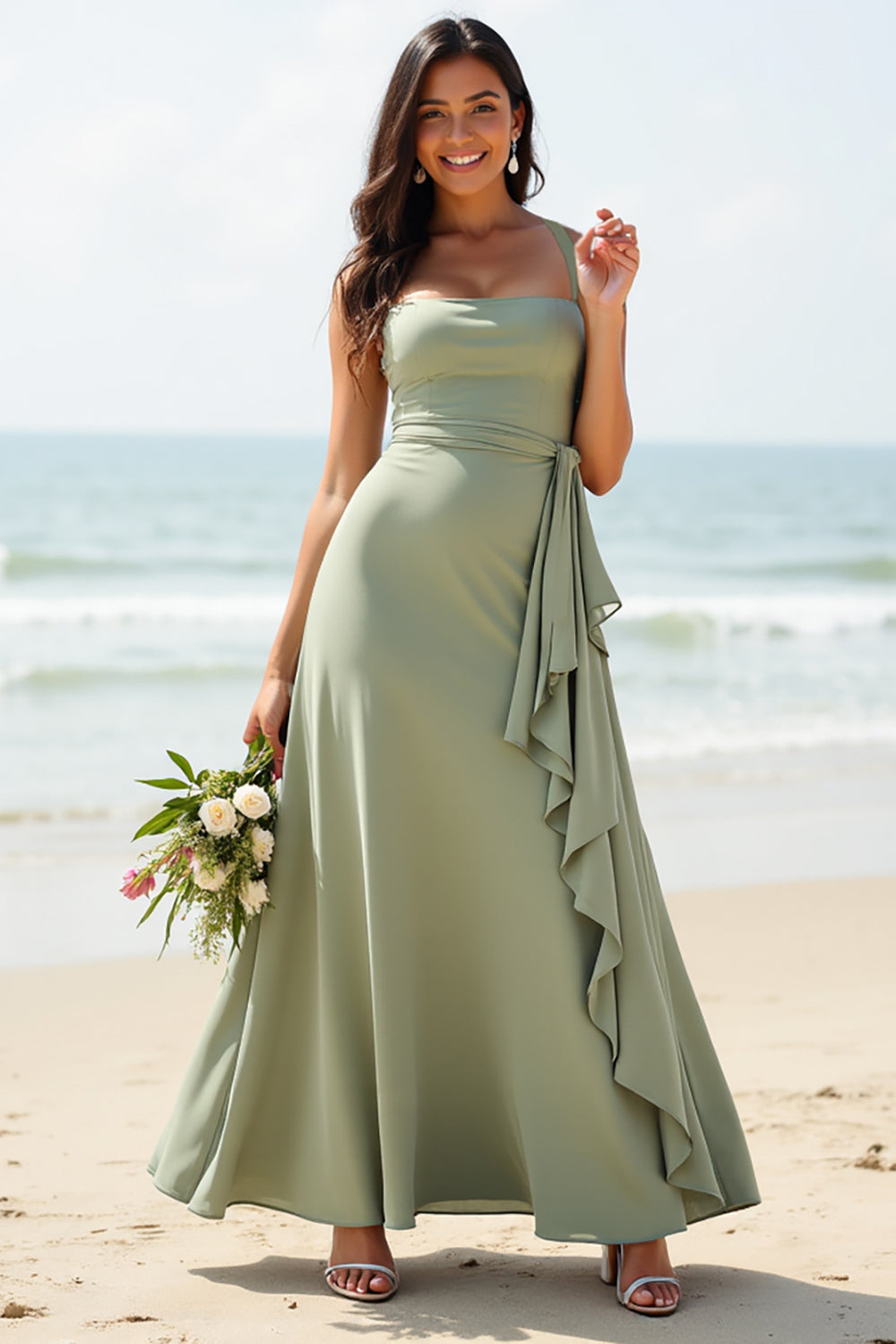 Leely Women Dusty Sage Boho Maxi Bridesmaid Dress with Ruffles A-Line Chiffon Wedding Guest Dress
