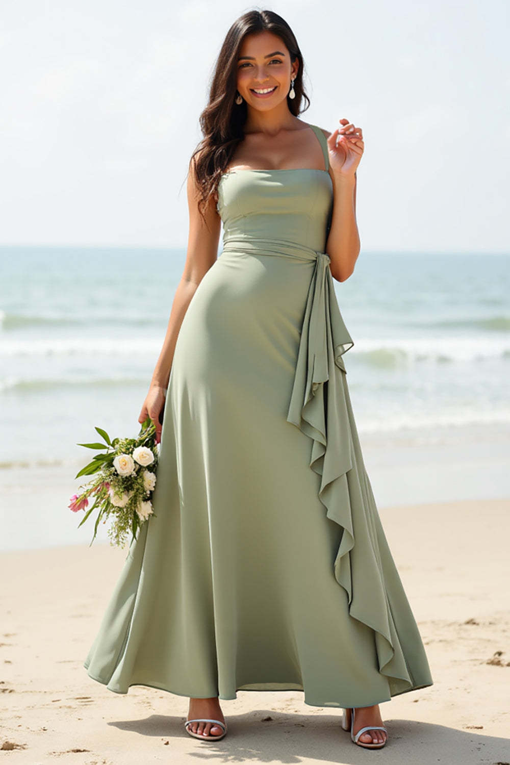 Leely Women Dusty Sage Boho Maxi Bridesmaid Dress with Ruffles A-Line Chiffon Wedding Guest Dress
