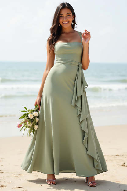 Leely Women Dusty Sage Boho Maxi Bridesmaid Dress with Ruffles A-Line Chiffon Wedding Guest Dress