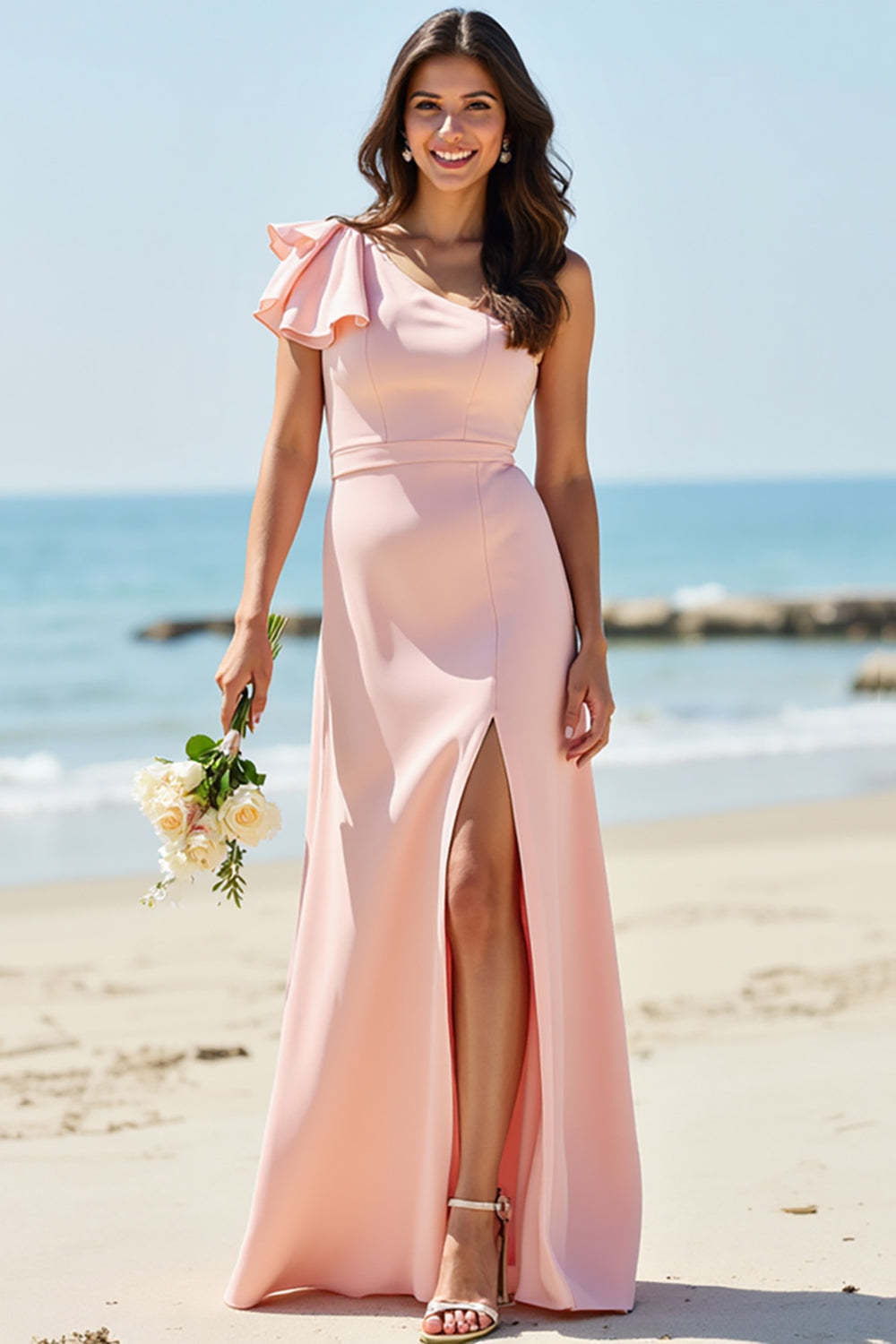 Leely Women Blush Satin Boho Maxi Ruffled Bridesmaid Dress with Slit One Shoulder Wedding Guest Dress