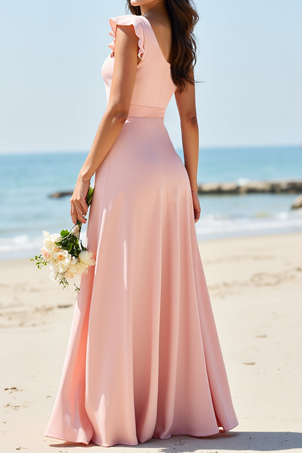 Satin Blush Boho One Shoulder Maxi Ruffled Bridesmaid Dress with Slit