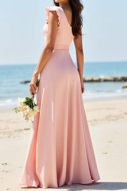 Satin Blush Boho One Shoulder Maxi Ruffled Bridesmaid Dress with Slit