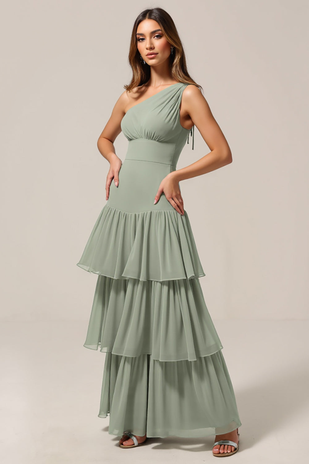 Sage Green Chiffon Tiered Boho A Line Bridesmaid Dress with Ruffles