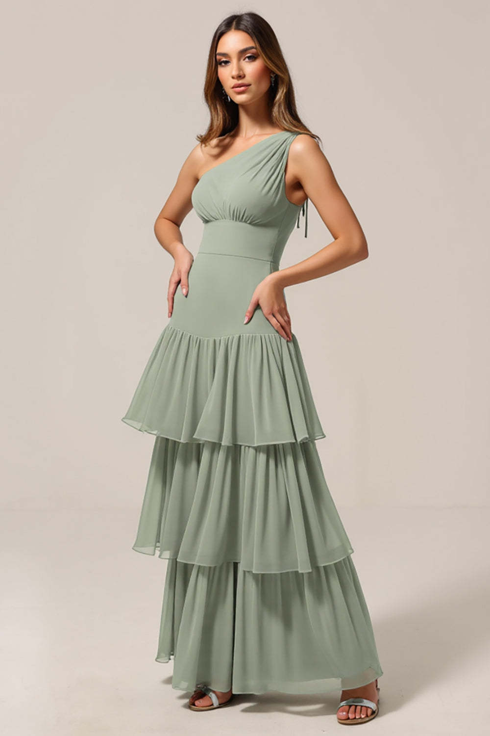 Leely Women Sage Green Chiffon Boho Maxi Bridesmaid Dress with Ruffles Tiered A Line Ruched One Shoulder Wedding Guest Dress