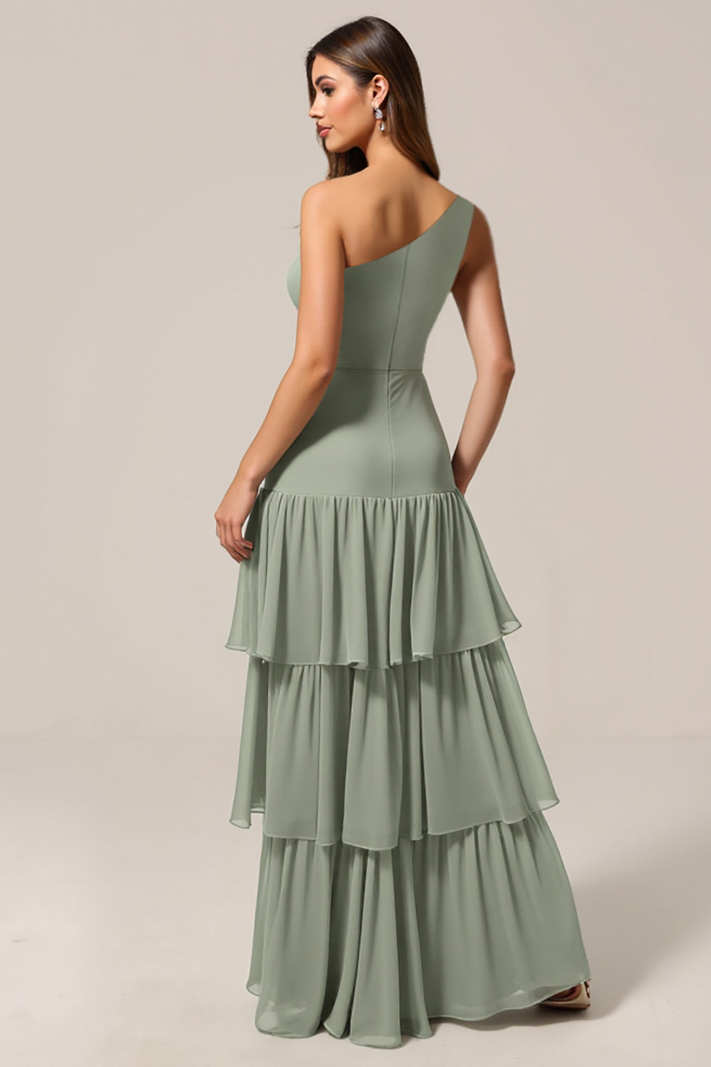 Maxi One Shoulder Tiered Sage Green Bridesmaid Dress with Ruffles