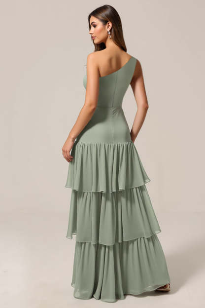 Sage Green Chiffon Tiered Boho A Line Bridesmaid Dress with Ruffles