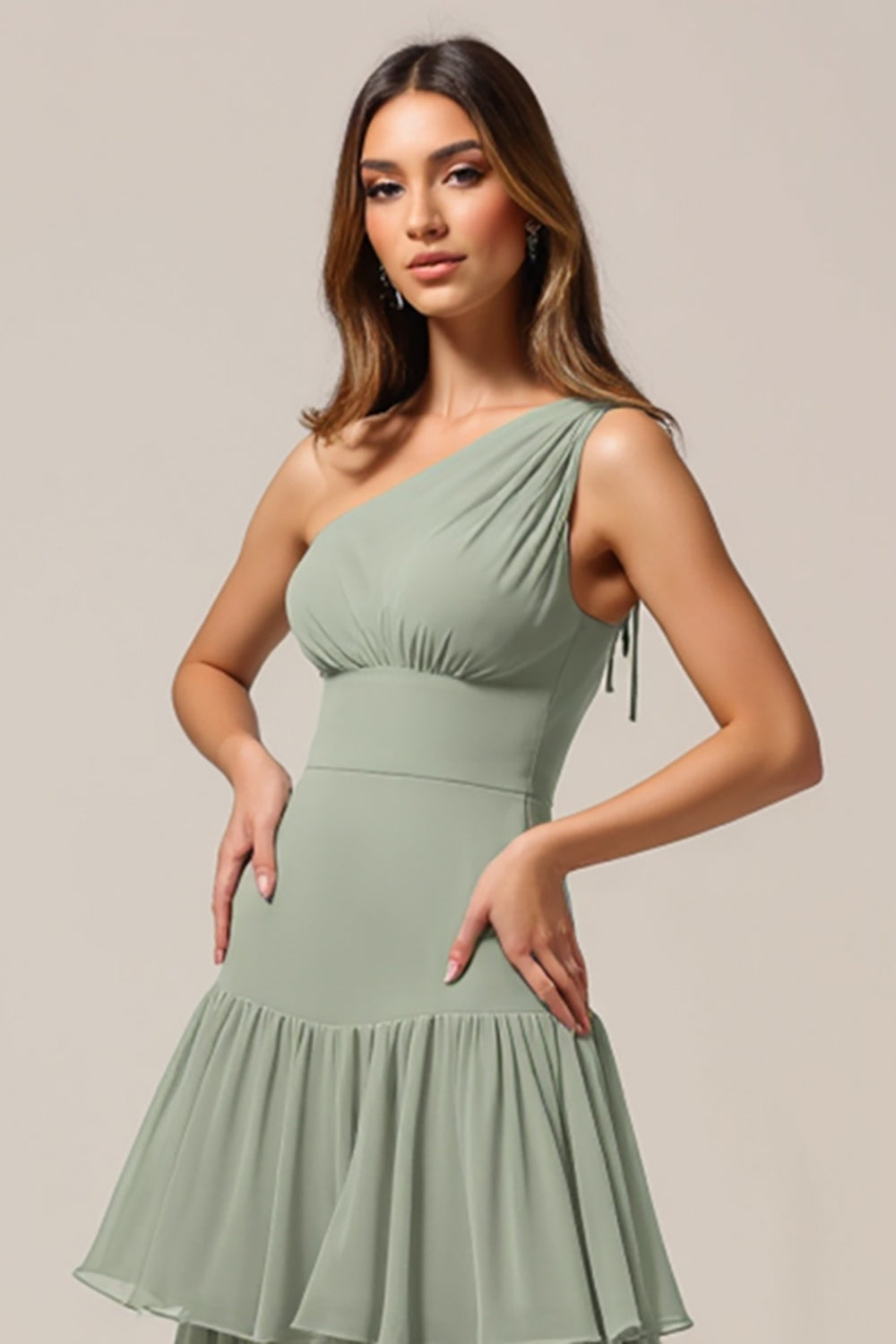 Sage Green Chiffon Tiered Boho A Line Bridesmaid Dress with Ruffles
