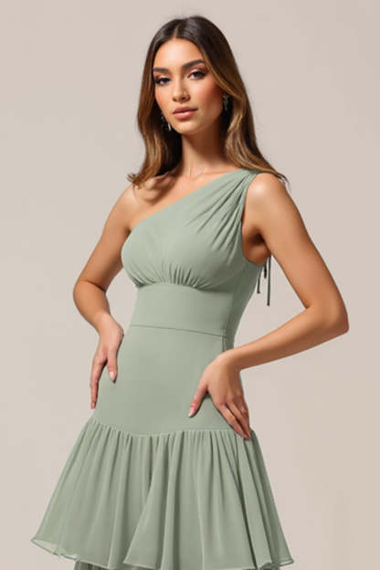 Sage Green Chiffon Tiered Boho A Line Bridesmaid Dress with Ruffles