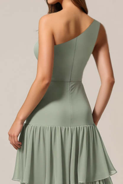 Sage Green Chiffon Tiered Boho A Line Bridesmaid Dress with Ruffles