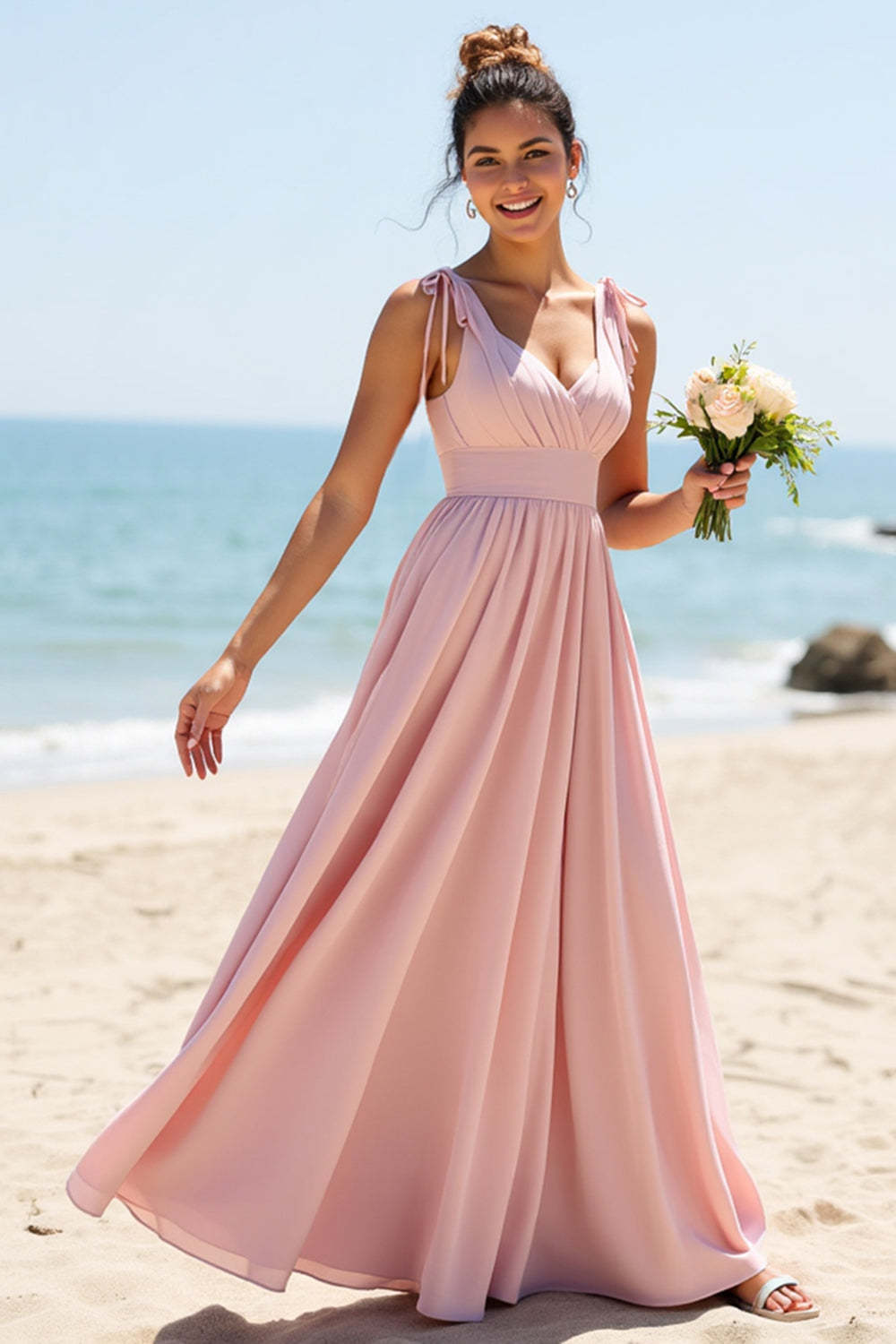 Leely Women Candy Pink Maxi Chiffon Boho Bridesmaid Dress A-Line V-Neck Wedding Guest Dress