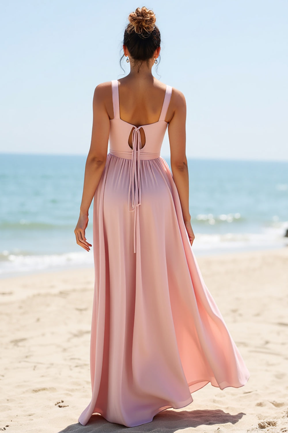 V-Neck Candy Pink Boho Maxi Bridesmaid Dress with Pleats