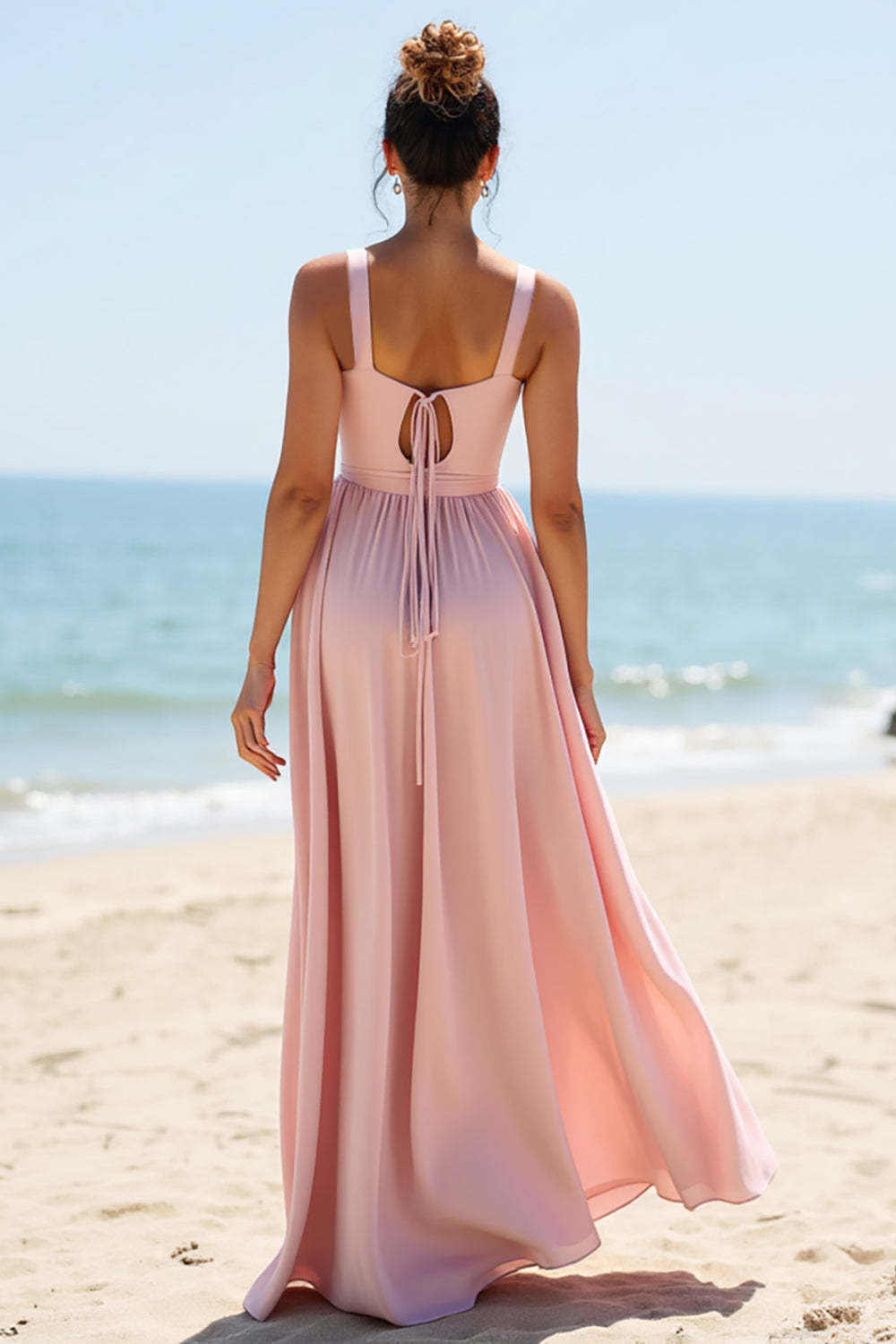 V-Neck Candy Pink Boho Maxi Bridesmaid Dress with Pleats