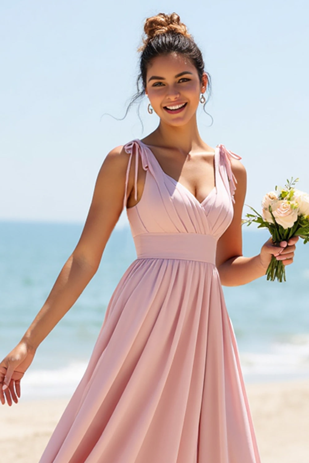V-Neck Candy Pink Boho Maxi Bridesmaid Dress with Pleats