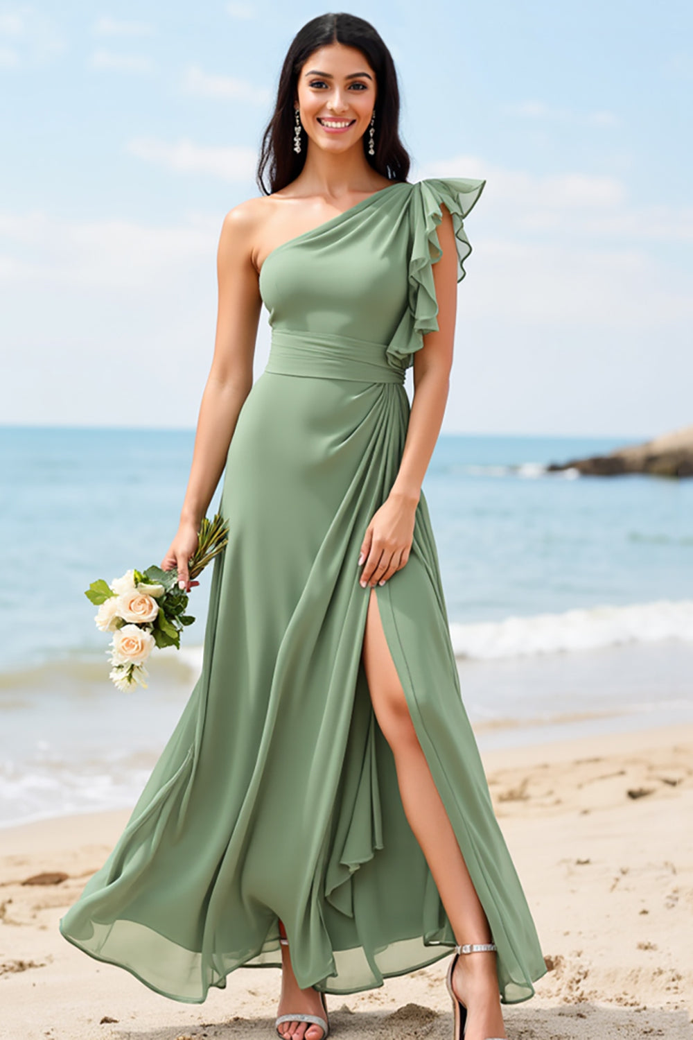 Leely Women Dusty Sage Chiffon Maxi Boho Bridesmaid Dress with Ruffles One Shoulder Sheath Wedding Guest Dress with Slit