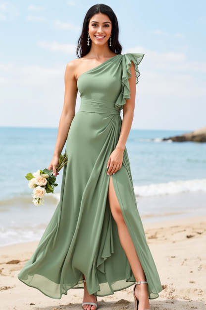 Leely Women Dusty Sage Chiffon Maxi Boho Bridesmaid Dress with Ruffles One Shoulder Sheath Wedding Guest Dress with Slit