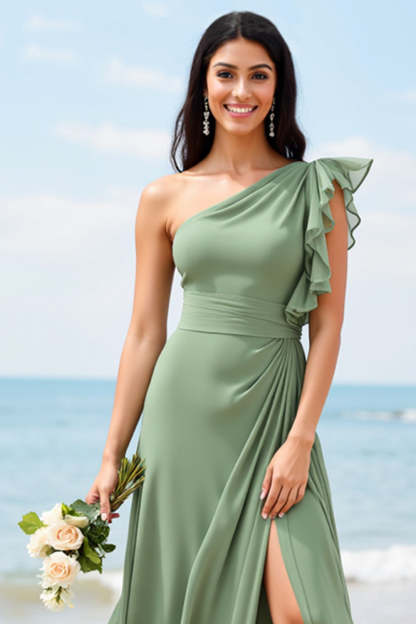Ruffled Chiffon Dusty Sage Maxi Boho Bridesmaid Dress with Slit